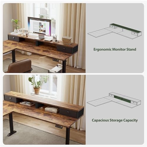 Agilestic 63 Inch L Shaped Electric Standing Desk with Drawer, Rustic Brown