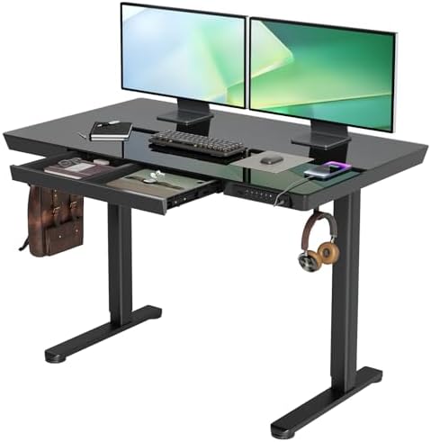 INNOVAR Glass Standing Desk with Drawers & USB Ports,48 inch Whole-Piece Glass Top Adjustable Height Desks, Quick-Install Electric Sit-Stand Up Desk for Home Office & Computer Workstation, Black