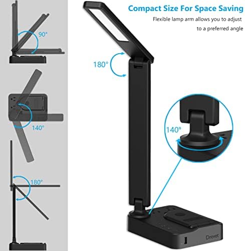 Drevet LED Desk Lamp with Wireless Charger, Desk Table Light with USB Charging Port and 2 Outlets, 3 Lighting Modes, 3 Level Brightness, 1H Timer, Touch Control, Eye-Caring Home Office Foldable Lamp