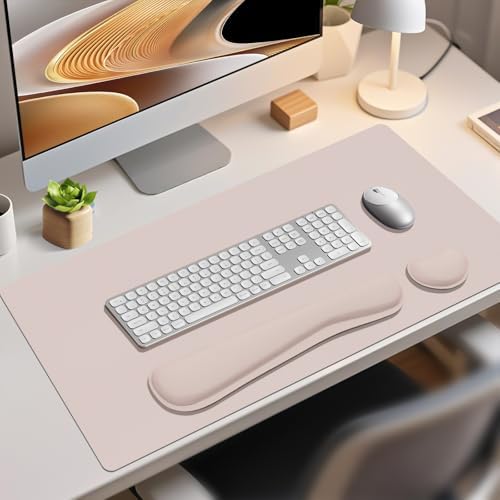 Desk Mat Set， Wrist Rest for Computer Keyboard, 3-in-1 Large Mouse Pad and Keyboard Wrist Rest Set, Non-Slip Desk Mat Protector for Office, Home(27.5×13.8 Inches, CreamPI)