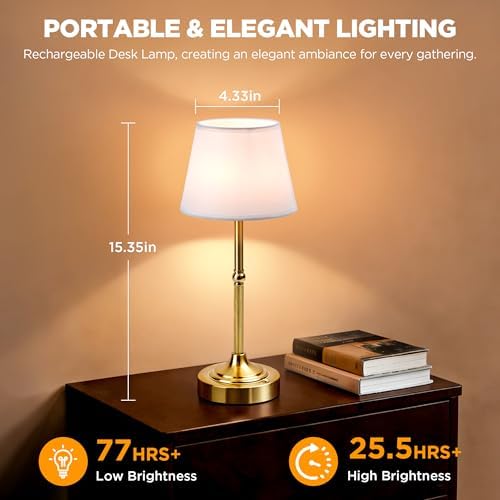 LUTEC Cordless Table Lamp, Battery Operated Lamp with 3 Color Temps and Stepless Dimming, 5200mAh Portable Rechargeable Table Lamp for Restaurant/Bedroom/Bars/Outdoor (Brushed Gold)