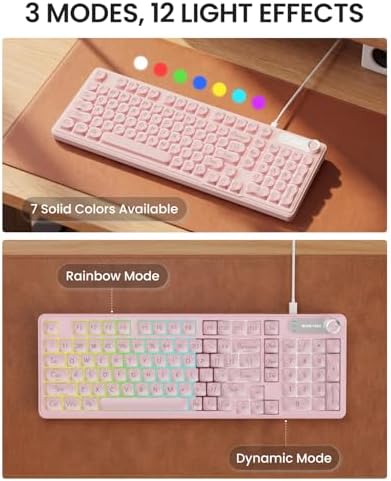 Wired Creamy Keyboard with Number Pad, 98-Key, Media Knob, RGB Backlit-Pink