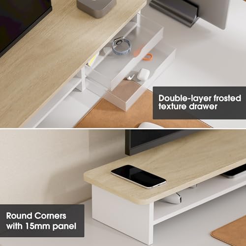 Fenge Monitor Stand, Desk Computer Riser with Frosted Storage Drawer, Oak