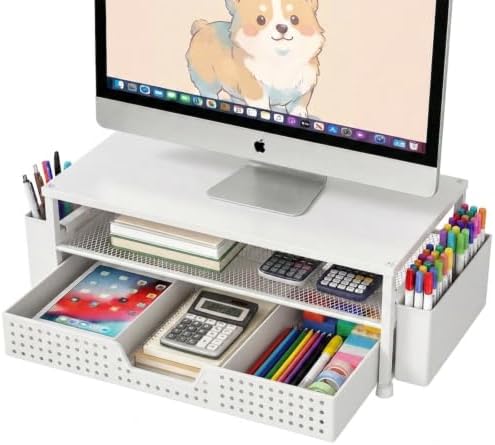 ECOLOVI Desk Organizer and Accessories, 2-Tier Computer Monitor Stand Rise with Storage Drawer & 2 Pen Holders, Laptop & Printer Stand for Desktop, Workspace Organizers for Office Supplies (White)