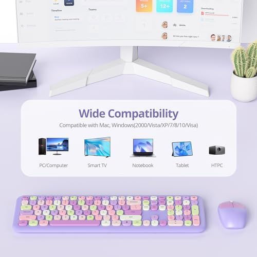 Surmen Cute Purple Keyboard and Mouse Wireless Silent, Full-Size Retro Typewriter Wireless Quiet Slim Colorful Keyboard Low-Noise 2.4GHz for Computer, Desktop, Laptop(6-Purple)