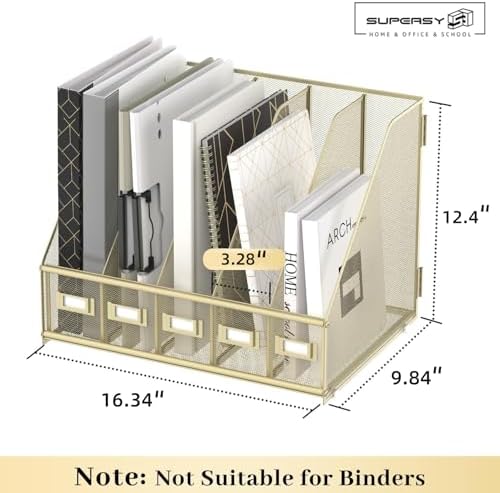 SUPEASY Desk Organizers Metal Desk Magazine File Holder with 5 Vertical Compartments Rack File Organizer for Office Desktop, Classroom, Home Workspace, Golden Yellow