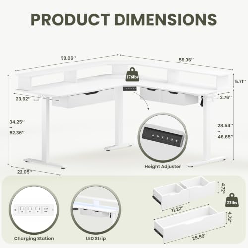 MALOL 59" L Shaped Electric Standing Desk with Drawers, Height Adjustable Desk with Power Outlets & LED Lights, Monitor Stand, Corner Computer Desk for Home Office, White