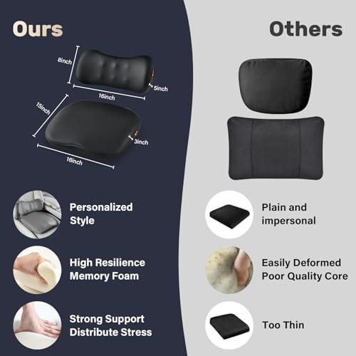 Coverado Memory Foam Car Seat Cushion and Lumbar Support Pillow for Driving Seat, Ergonomic Design Soft and Breathable PU Leather, High Density Memory Foam for Neck & Lower Back Pain Relie