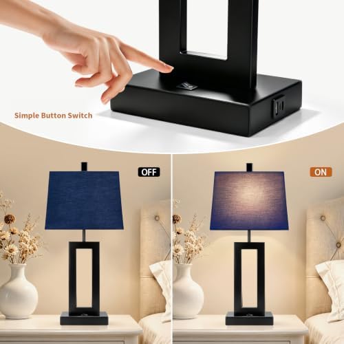 Cinkeda Blue Bedside Table Lamp Set of 2, Nightstand Lamps with USB Ports