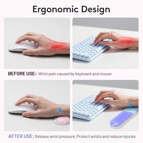 Upgrade Wrist Rest for Keyboard and Mouse, Ergonomic Gel Keyboard Wrist Rest Support Set, Easy Typing Pain Relief Mousepad for Office, Gaming, Purple Blue Pink