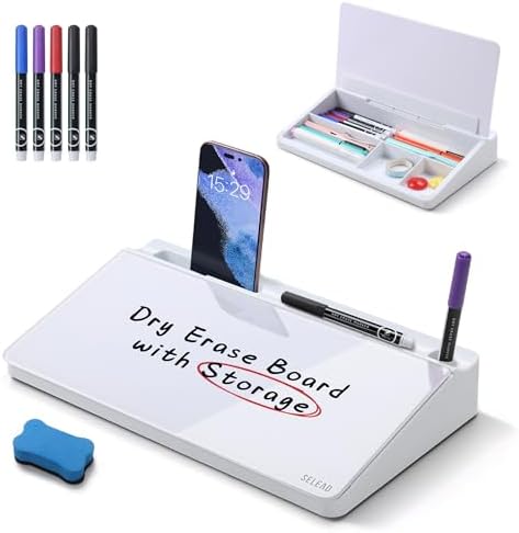 SELEAD Desktop Glass Whiteboard with Storage, 5 Markers and 1 Eraser, White
