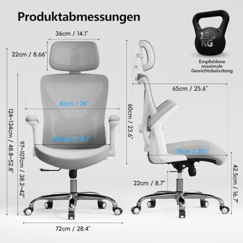 TRALT Office Chair - Ergonomic Office Chair with Adjustable Lumbar Support Headrest Office Desk Chair - Gaming Chair in X-Shape Office Chair - Desk Chair Computer Chair 150 kg White/Grey