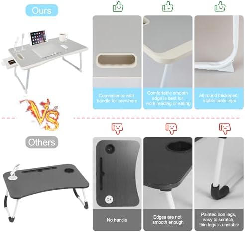 Laptop Bed Table, Laptop Desk for Bed, Foldable Laptop Bed Desk with USB Charge Port, Handle, Desktop Card Slot, Cup Slot, Side Drawer, Portable Laptop Table for Bed Eating Reading Working