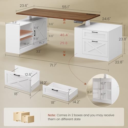 UPOSOJA 71" Farmhouse L Shaped Standing Desk, Electric Height Adjustable Corner Desk with Storage Cabinet & File Drawers, Wood Stand up Computer Desks with Power Outlets for Home Office
