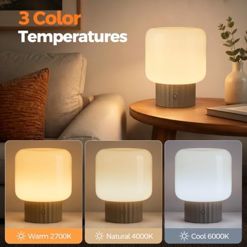 VOLISUN Mushroom Lamp, Cordless Rechargeable Table Lamp with Glass Shade, 3 Color Temperatures & Stepless Dimming, 5200mAh, Touch Control Bedside Lamps for Living Room, Bedroom, 2 Pack (Brown)