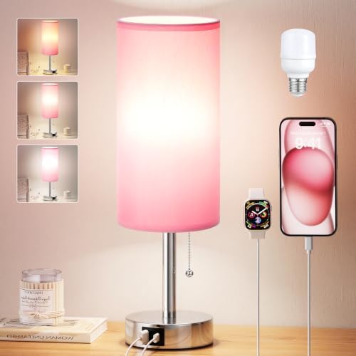 Pink Bedside Table Lamp for Bedroom - Small Nightstand Lamp for Girls
