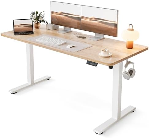 Cubiker Standing Desk, 55x24 Inches Sit Stand Home Office Desk, Electric Stand up Desk, Adjustable Desk with Splice Board, White Frame/Maple Top