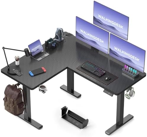 WALKINGDESK Reversible L Shaped Standing Desk Height Adjustable with Cup Holder, Electric Corner Computer Desk, Sit Stand up Home Office Desk, Ergonomic Gaming Desk, Black, 55X45 Inches