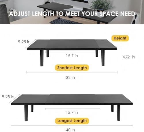 Across-Star Dual-Monitor-Stand-Riser-For-Desk Adjustable Length 32-40 Inch，Large Desktop Computer Monitor Riser For 2 Screens，Desk Shelf Organizer Riser Stand For Computer/Laptop/PC/Printer/TV Black