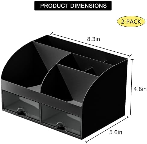 COMFYROOM Desk Organizer with 6 Compartments and 2 Drawers, Plastic Makeup Organizer, Pen Holder for Desktop Storage, Desk Organization for School, Home, Office Supplies Black-2Pack