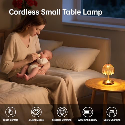 Shenmoyl Tulip Small Table Lamp, 5200mAh Cordless Touch Control Mini Table Lamp with 3 Color Temps & Stepless Dimming, Perfect for Small Spaces Like Dressers, Bedsides, Bookshelves (Amber Tulip)