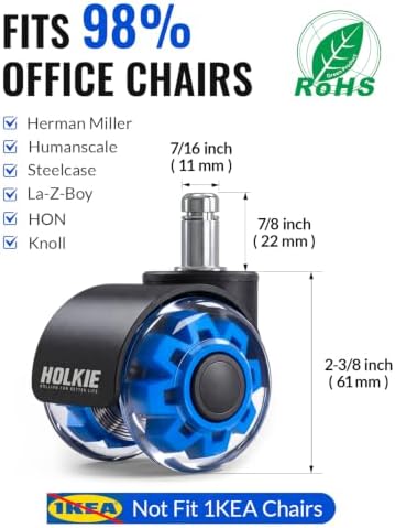 HOLKIE Office Chair Wheels 11mm Universal Fit Casters 2 Inch Replacement Blue Core Dual Rubber Smooth Quiet Rolling Casters