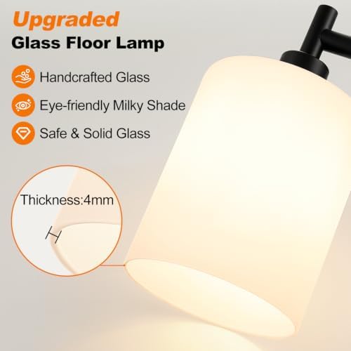 【Upgraded】 Dimmable Floor Lamp for Living Room with Opal Glass Lampshade, Black Modern Glass Floor Lamp with 900LM LED Bulb Included, Arc Standing Tall Lamp for Bedroom, Office, Reading Room, Corner