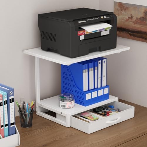 YAOHUOO 2-Tier Desktop Printer Stand with Fabric Drawer,19.6"x14.9" White