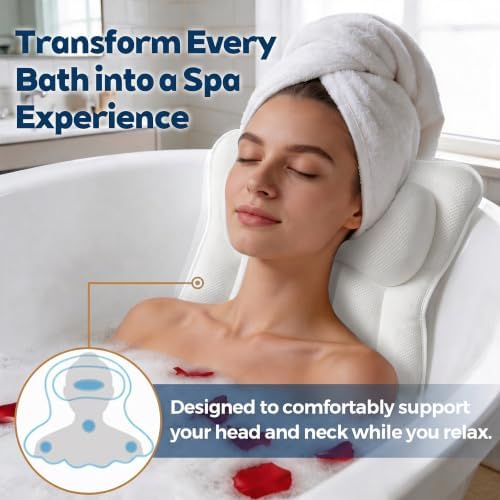 Bath Pillow for Tub,Large Bathtub Pillow with Raised Headrest and Full Back Support,Thick Cushioned Tub Pillow for Soaking Tub,Hot Tub and Spa,White