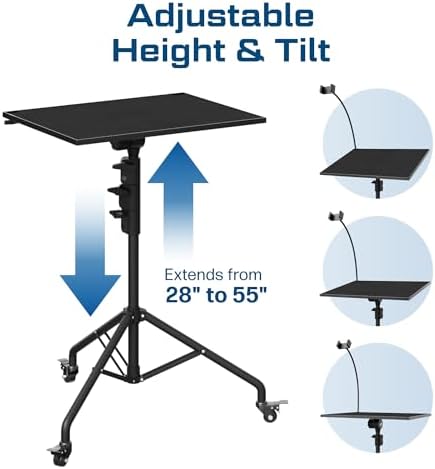 Projector Stand Tripod Laptop Tripod with Wheels & Adjustable Height Portable Podium Stand with Phone Holder Projector Holder for Home, Office, School & DJ Matte Black