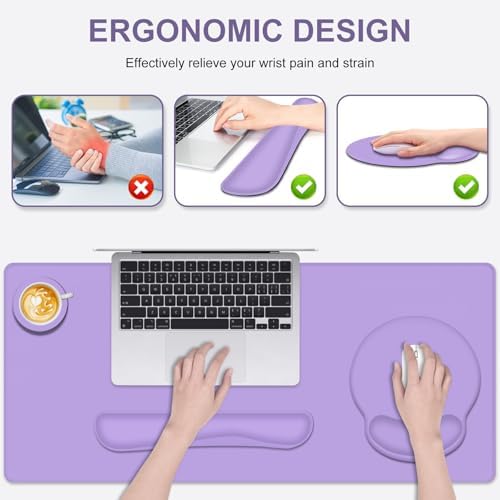Mouse Pad Desk Pad Protector, Keyboard Wrist Rest + Mouse Pad Wrist Rest +Coaster, Large Gaming Mouse Pad for Deskpc Computer Keyboard Laptop, XXL Desk Mat Writing Pad for Office and Home, Purple