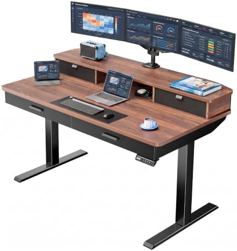 HUANUO 55 x 30 inch Electric Standing Desk with 2 Wood Drawers, Adjustable Height Sit Stand Desk for Home Office, Ergonomic Stand up Desk with 4 Memory Presets, 176 lbs Capacity, Walnut Top
