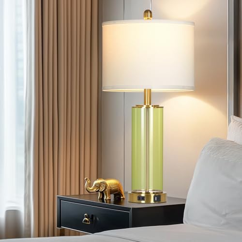 Ruzectt 26" Green Glass Table Lamps for Bedside, Modern Living Room Lamps Set of 2, Elegant Coastal Bedroom Lamp with USB A+C Ports & AC Outlet, 3-Way Dimmable Touch Lamp for Nightstand Dining Table