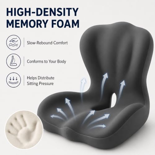 Ergonomic Memory Foam Seat Cushion, L Shaped Lumbar Support Pillow with Tailbone Relief, Orthopedic Chair Pad for Office, Car, Gaming Chair, Travel (Comfort Black)