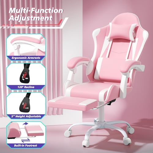 Magshion Gaming Chair for Adults, Ergonomic Computer Chair with Linkage Armrests, Height Adjustable Gamer Chair with Footrest and Headrest for Home Office, 350 Lbs Capacity, Pink/White