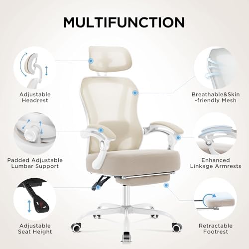 Ergonomic Office Chair with Footrest,Ultra Thick Desk Chair,Cream