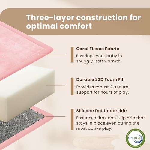 ACOMOPACK Baby Play Mat for Floor 1.3" Thick Memory Foam Play Mat 79"×158" Tummy Time Crawling with Non-Slip Bottom for Living Room,Nursery,Soft Velvet Playpen Mats for Kids,Infants（Pink）