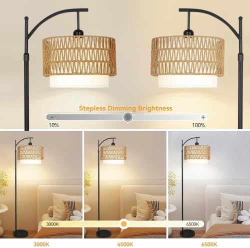 ZECOXOL Arc Floor Lamp for Living Room Boho Floor Lamps with Remote Control & with 3 Color Temperatures,Rattan Wicker Standing Lamp Dimmable Tall Floor Lamp for Bedroom Living Room Corner