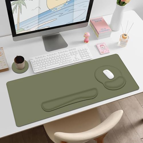 4 PCS Mouse Pad Desk Mat Protector, Keyboard Wrist Rest + Comfortable Mouse Pad Wrist Rest +Coaster, Large Gaming Mousepad for Computer Laptop, 35.4"X 15.7" Deskpad for Office Home I Olive Green