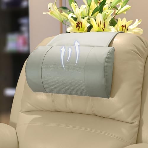 Non-Slip Memory Foam Neck Pillow for Recliner - Adjustable and Breathable Perforated Leather Design in Light Gray, Ideal for Pain Relief at Home, Office, and Travel