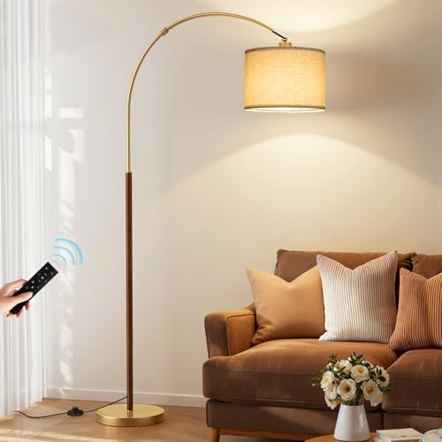 Ambimall Dimmable Arc Floor Lamp with Remote, Color Temp Adjust, Woodgrain