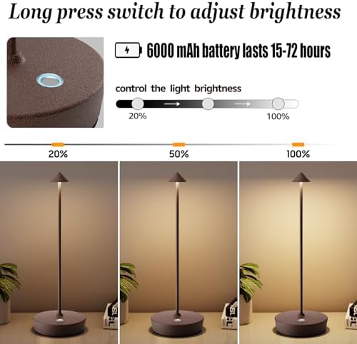 2Pack Rechargeable Cordless Table Lamp, Portable Powered LED Battery 6000mAh Metal USB Desk Lamp, 3 Levels Brightness Light for Restaurants Outdoor (2pack ferruginous)