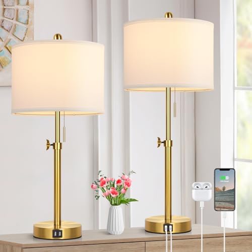 Kondras Table Lamp Set of 2, Bedside Lamp with 2 USB Ports, Gold Tall Table Lamp for Living Room End Tables, 23" to 30" Height Adjustable Lamp for Bedroom, Farmhouse Table Lamps with Pull Chain, E26