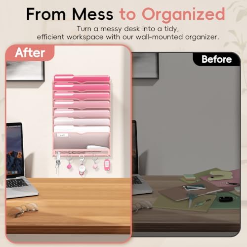Wall File Holder Hanging Wall File Organizer, Wall Mount Mail Holder and Paper Organizer with Bottom Shelf & 5 Hooks for Office Home School (8-Tier Pink)