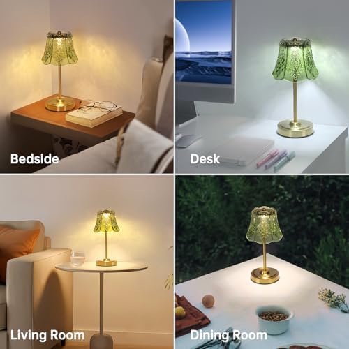 Shenmoyl Cordless Touch Table Lamp with 5200mAh Battery - 3 Adjustable Color Temperatures & Dimmable, Rechargeable Desk Lamp for Bedroom, Living Room, Office, Entryway, Bookshelves (Green Rose)