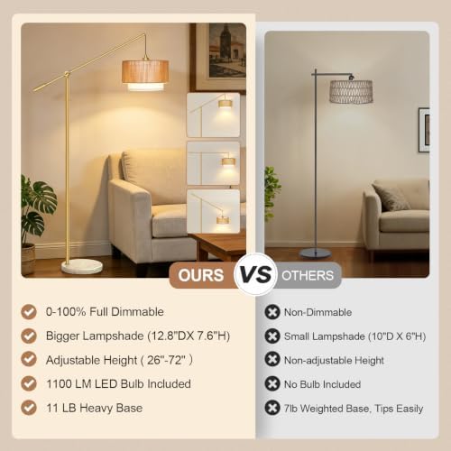 【Upgraded】Boho Dimmable Floor Lamp with Adjustable Swing Arm, 1100 Lumens Bulb Included, Modern Standing Lamp with Rattan & Fabric Shades, Tall Arc Floor Lamp for Living Room Bedroom, Gold, Heavy Base