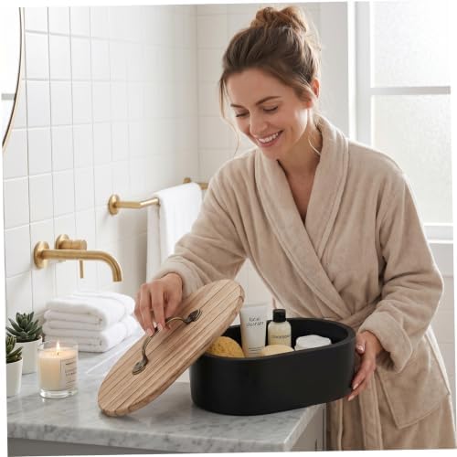 Tampon Organizer Dust Proof Oval Wooden Box with Lid, Natural Storage Container for Bathroom Desk Black Tampon Organizer, Wooden Storage Box with Lid, Dust Proof Bathroom Container, Feminine Product