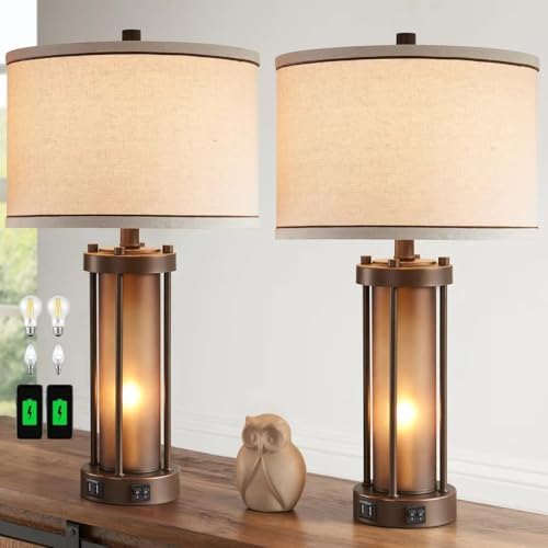 Set of 2 Farmhouse Table Lamps for Living Room with 2 USB Charging Ports