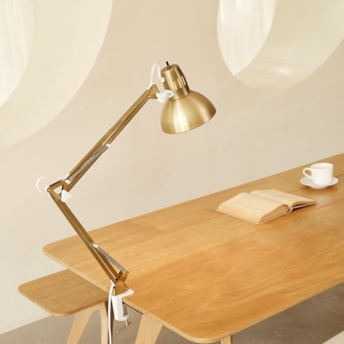 Globe Electric 62000010 32" Multi-Joint Desk Lamp with Metal Clamp,Matte Brass,White Accents,On/Off Rotary Switch on Shade,Partially Adjustable Swing Arm,Home Décor,Office Accessory, Clamp (Pack of 6)