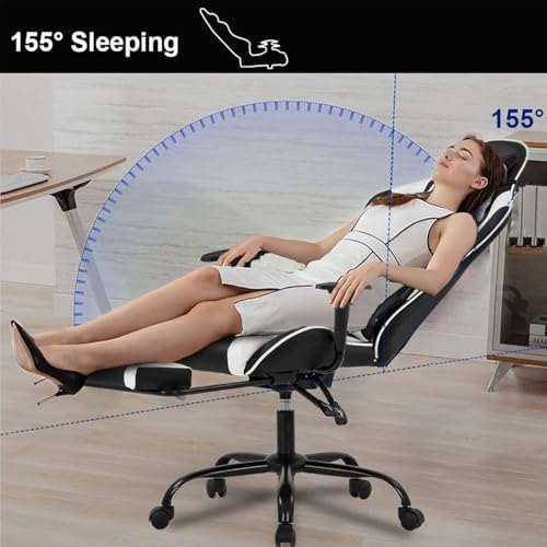 PC Gaming Chair with Footrest, Ergonomic Home Office Chair with Lumbar Support & Headrest Pillow, White